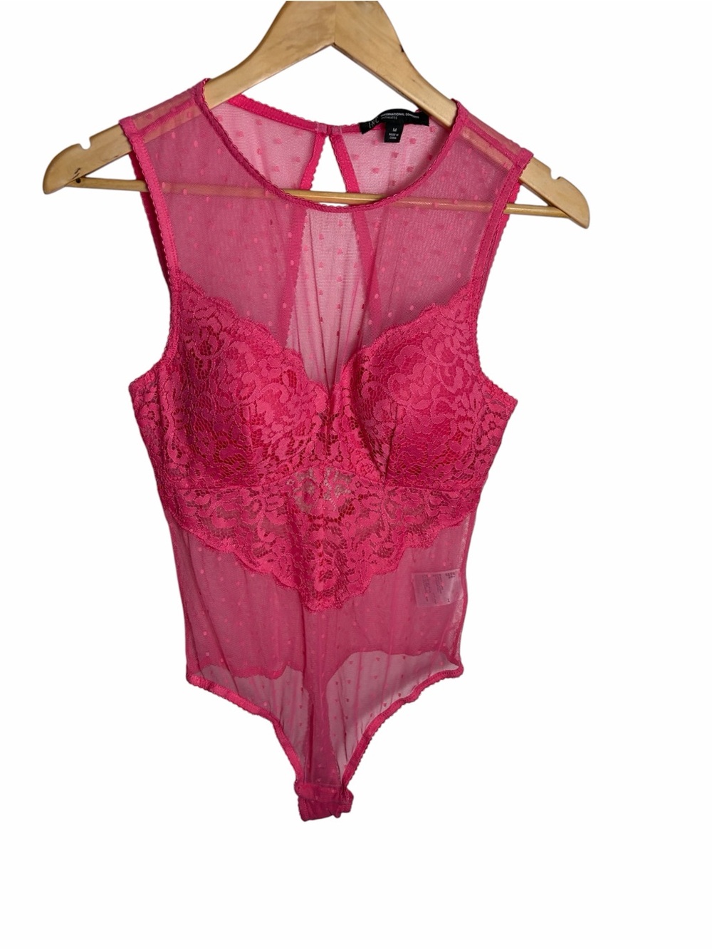 I.N.C. Hot pink lace mesh push up Swiss dot nylon bodysuit size M